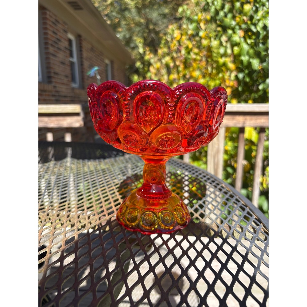 Vintage L.E. Smith Amberina Glass Moon and Stars Pedestal Compote Candy Dish EUC